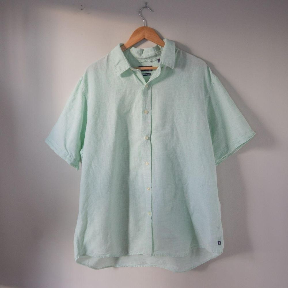 Linen Mint Green Preppy Classic Men's Short Sleeve Button Down collared shirt